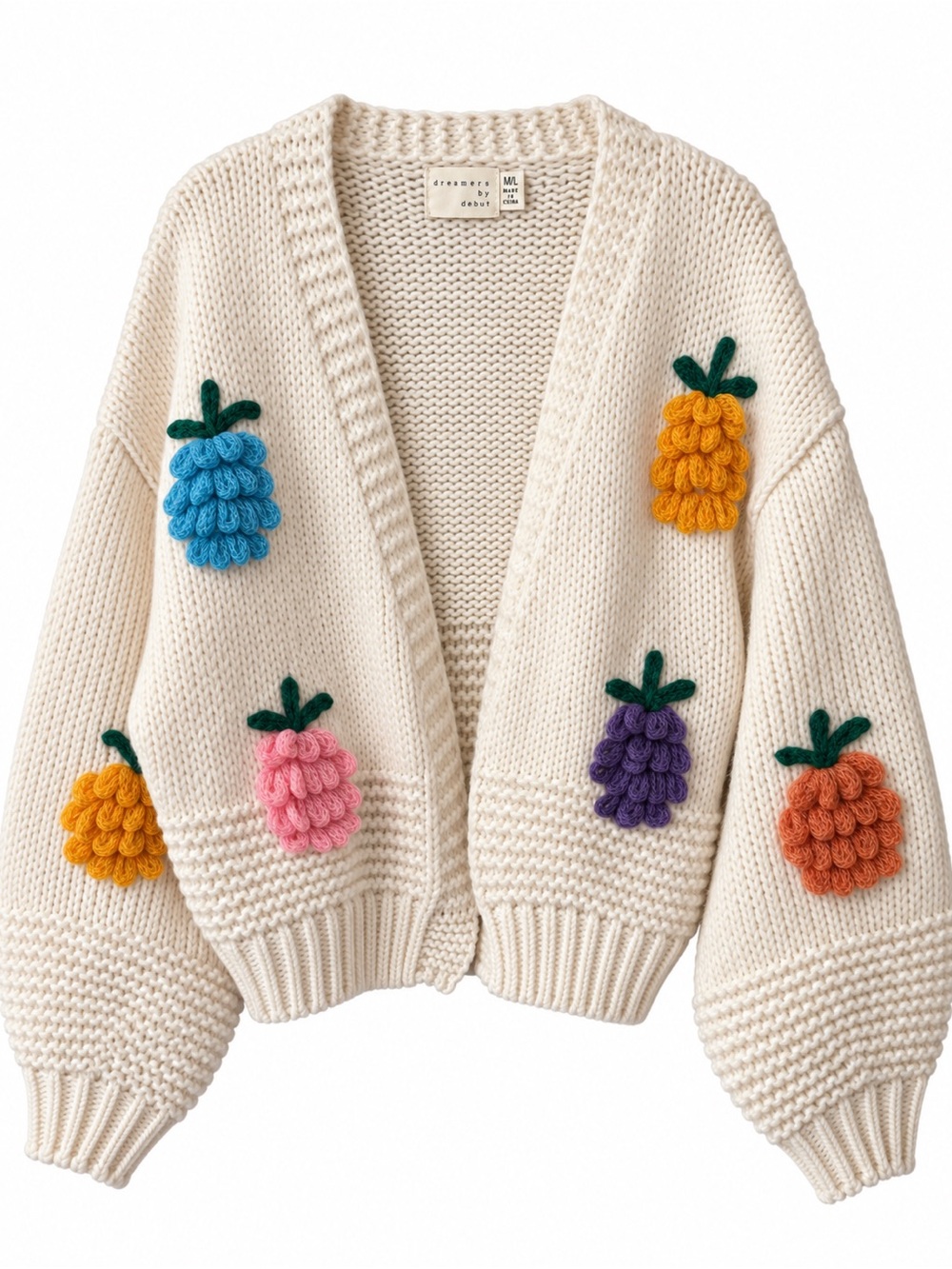Boutique Cream Cardigan with Colorful Pom Fruit Motifs